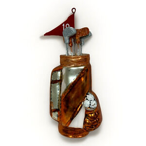 Kurt Adler Golf Bag with Clubs Glass Christmas Ornament 5" Brown Glitter 18
